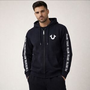 True Religion Logo Tape Trim Full-Zip Hoodie Sweatshirt Black Unisex Sz Large